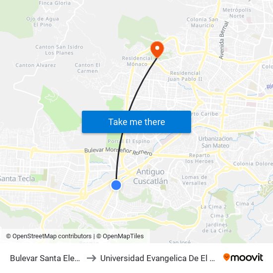 Bulevar Santa Elena, 55 to Universidad Evangelica De El Salvador map