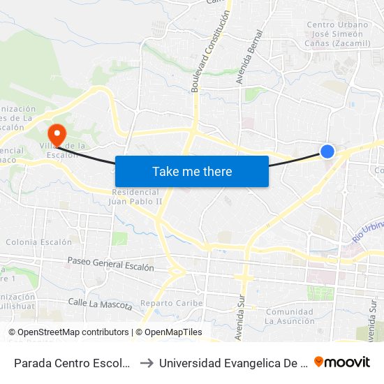 Parada Centro Escolar España to Universidad Evangelica De El Salvador map