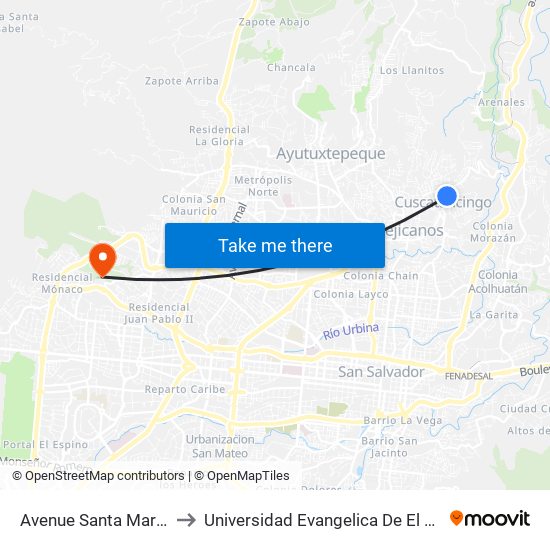 Avenue Santa Margarita to Universidad Evangelica De El Salvador map