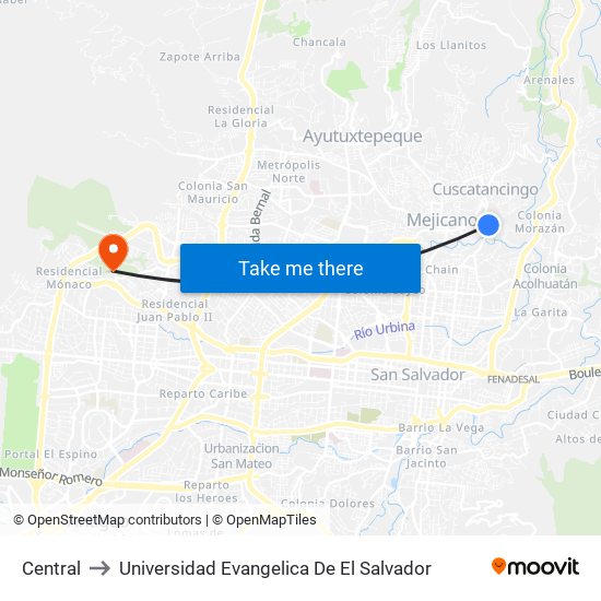 Central to Universidad Evangelica De El Salvador map