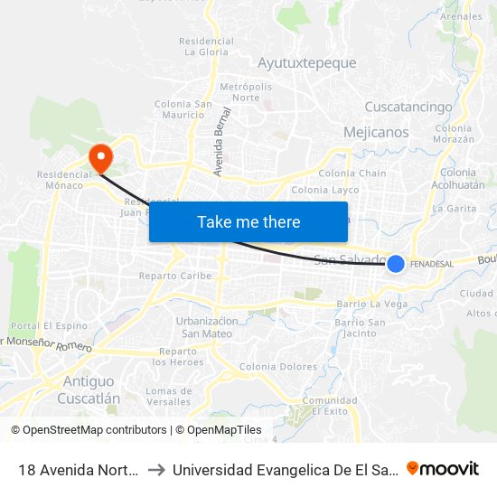 18 Avenida Norte 87 to Universidad Evangelica De El Salvador map