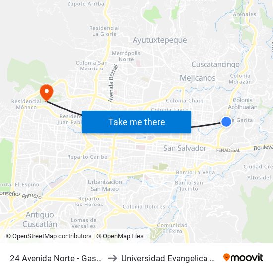 24 Avenida Norte - Gasolinera 5 Nov to Universidad Evangelica De El Salvador map