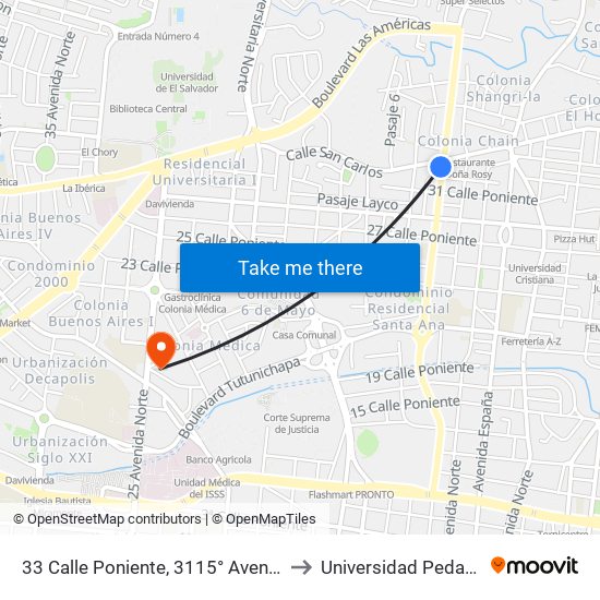 33 Calle Poniente, 3115° Avenida Norte to Universidad Pedagógica map