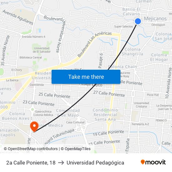 2a Calle Poniente, 18 to Universidad Pedagógica map