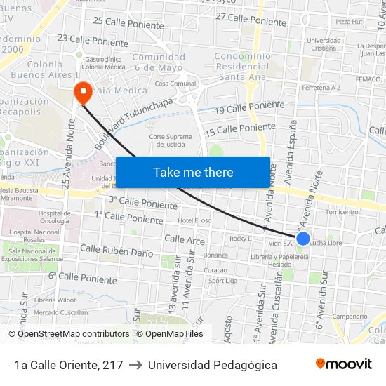 1a Calle Oriente, 217 to Universidad Pedagógica map