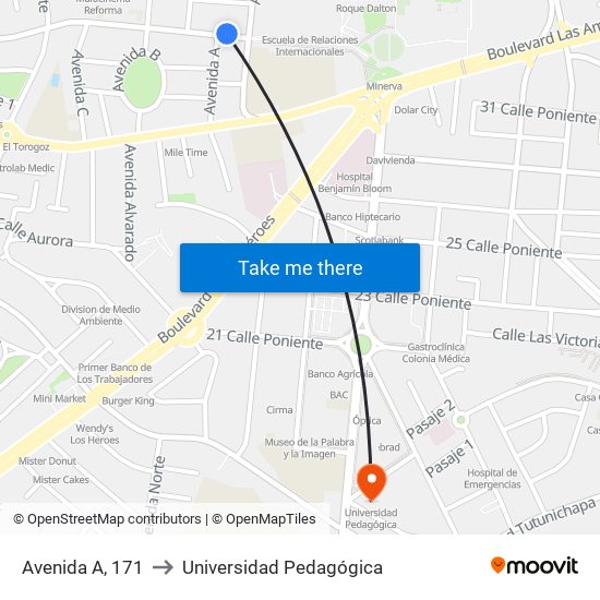 Avenida A, 171 to Universidad Pedagógica map