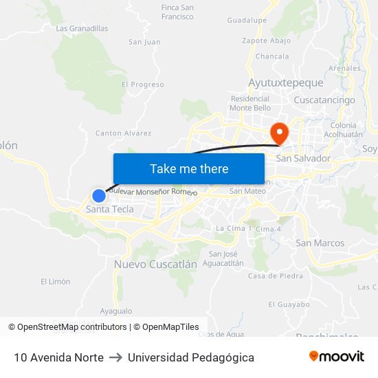 10 Avenida Norte to Universidad Pedagógica map