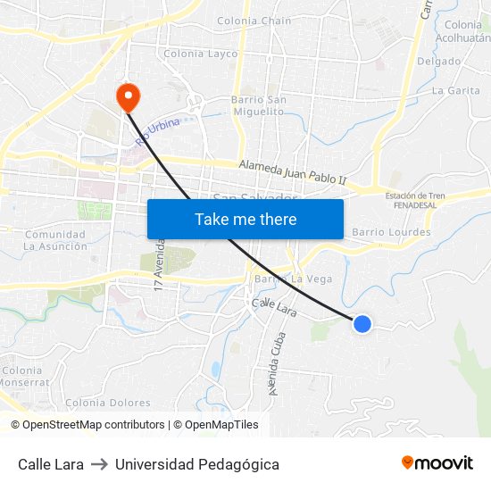 Calle Lara to Universidad Pedagógica map