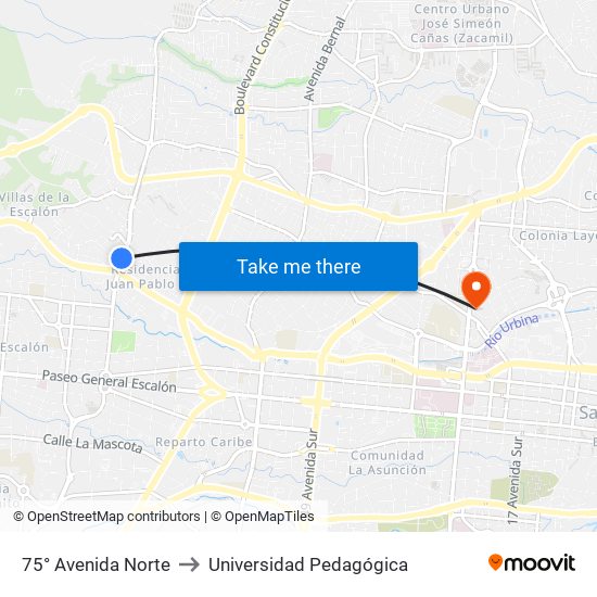 75° Avenida Norte to Universidad Pedagógica map