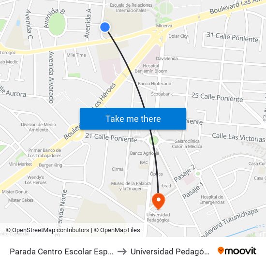 Parada Centro Escolar España to Universidad Pedagógica map