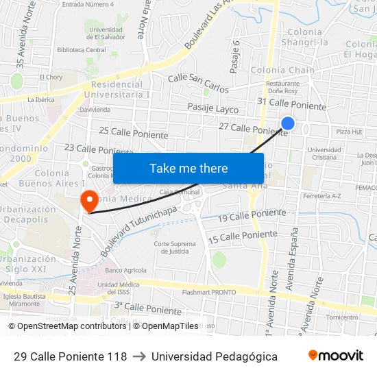 29 Calle Poniente 118 to Universidad Pedagógica map