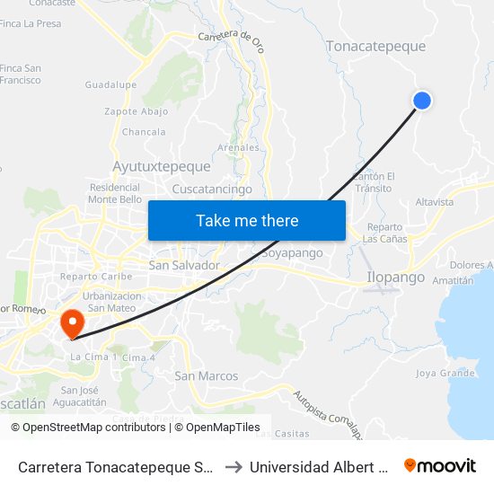 Carretera Tonacatepeque San Martin to Universidad Albert Einstein map