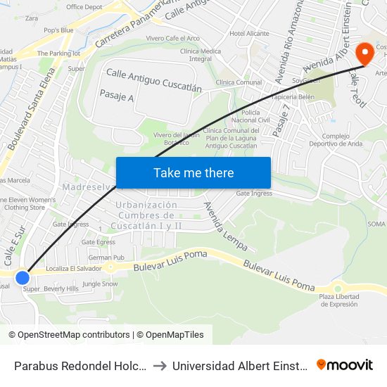 Parabus Redondel Holcim to Universidad Albert Einstein map