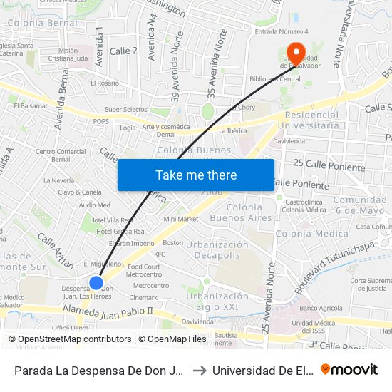 Parada La Despensa De Don Juan (Metrosur) to Universidad De El Salvador map