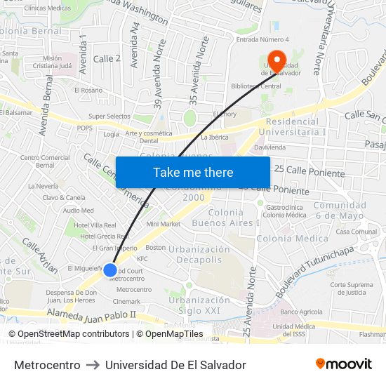 Metrocentro to Universidad De El Salvador map