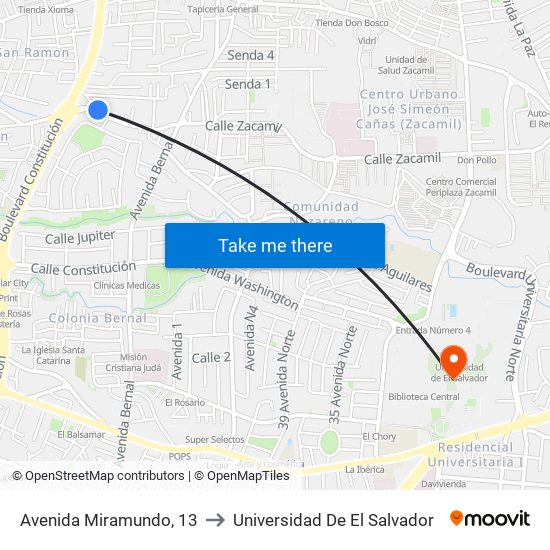 Avenida Miramundo, 13 to Universidad De El Salvador map