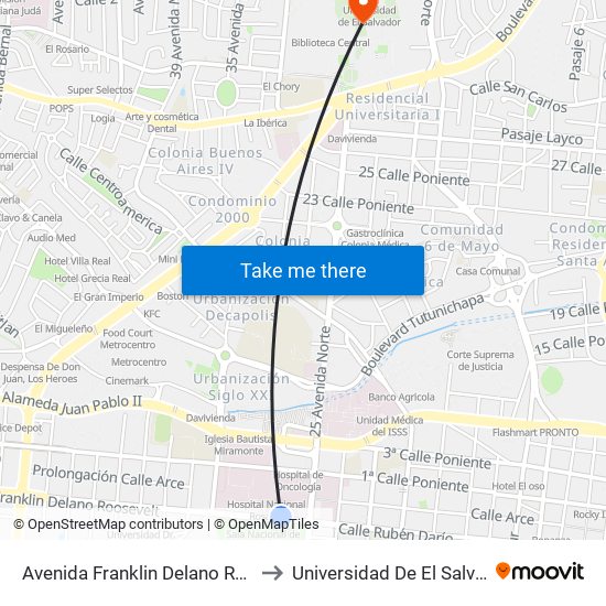 Avenida Franklin Delano Rsevelt to Universidad De El Salvador map