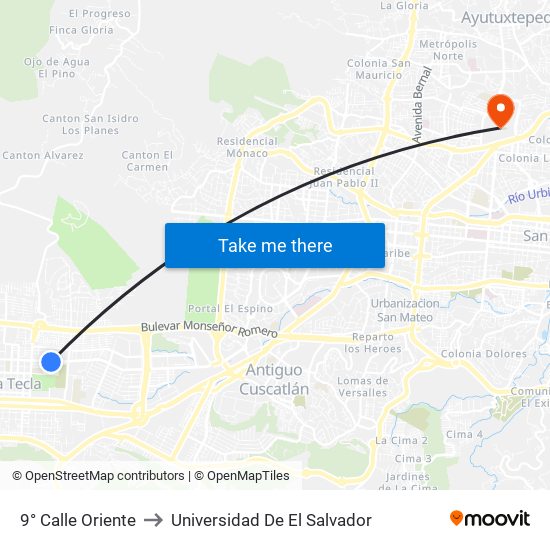 9° Calle Oriente to Universidad De El Salvador map