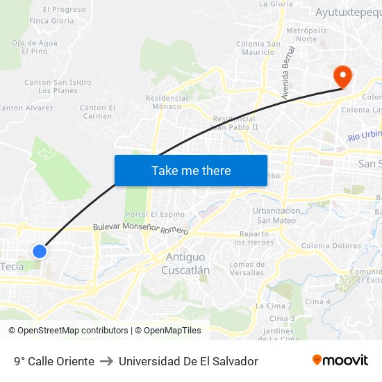 9° Calle Oriente to Universidad De El Salvador map