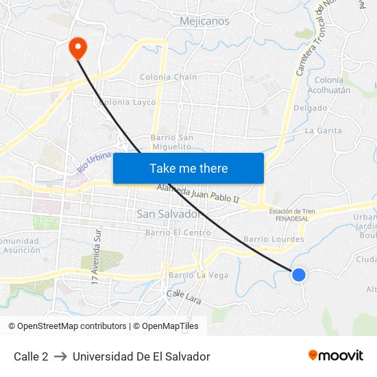 Calle 2 to Universidad De El Salvador map