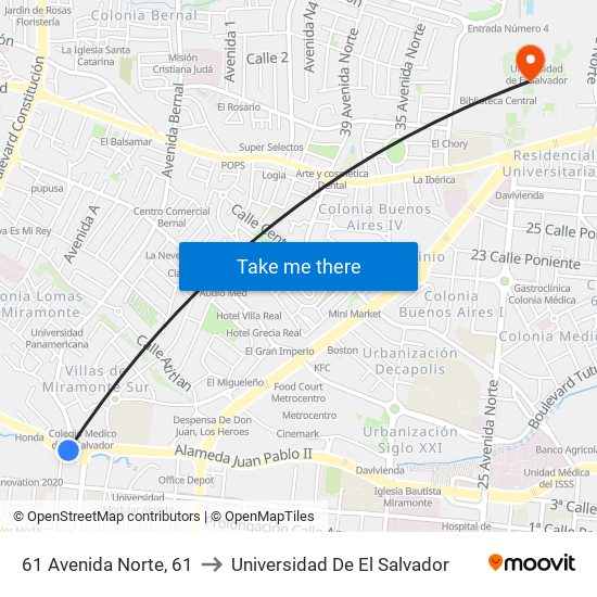 61 Avenida Norte, 61 to Universidad De El Salvador map