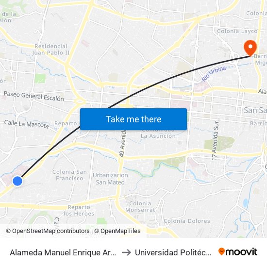 Alameda Manuel Enrique Araujo to Universidad Politécnica map