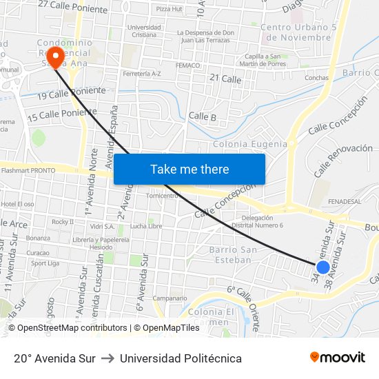 20° Avenida Sur to Universidad Politécnica map