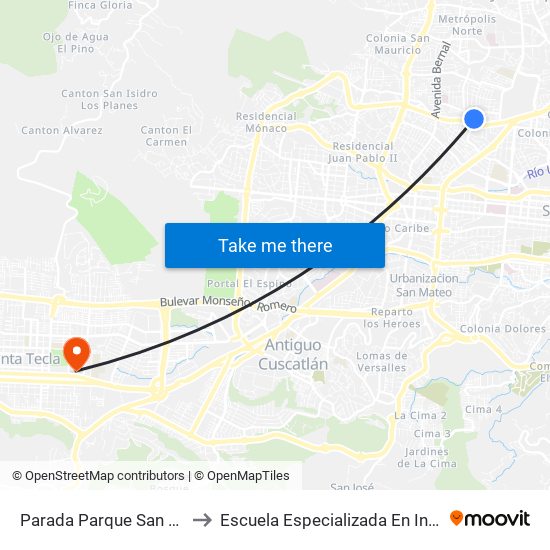 Parada Parque San José (Cristobal) to Escuela Especializada En Ingeniería Itca-Fepade map