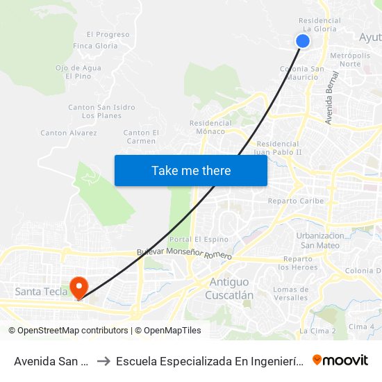 Avenida San Miguel to Escuela Especializada En Ingeniería Itca-Fepade map