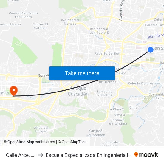 Calle Arce, 1114 to Escuela Especializada En Ingeniería Itca-Fepade map