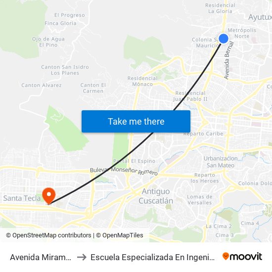 Avenida Miramundo, 13 to Escuela Especializada En Ingeniería Itca-Fepade map