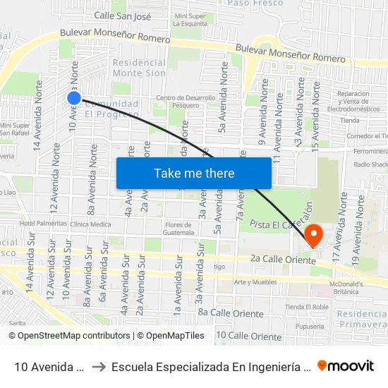 10 Avenida Norte to Escuela Especializada En Ingeniería Itca-Fepade map