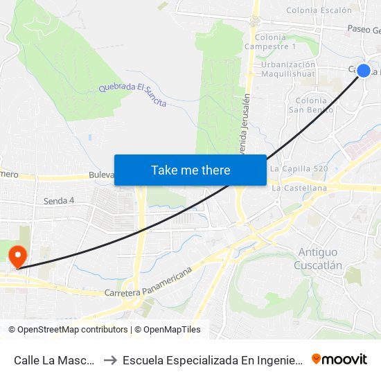 Calle La Mascota, 444 to Escuela Especializada En Ingeniería Itca-Fepade map