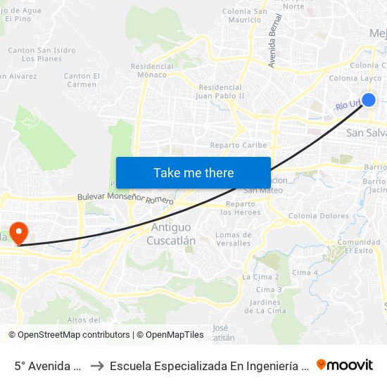 5° Avenida Norte to Escuela Especializada En Ingeniería Itca-Fepade map
