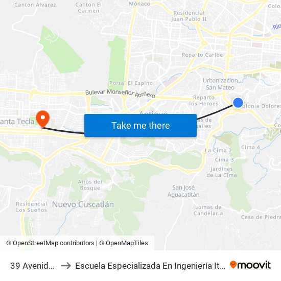 39 Avenida Sur to Escuela Especializada En Ingeniería Itca-Fepade map