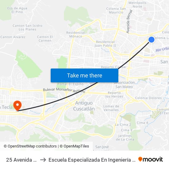 25 Avenida Norte to Escuela Especializada En Ingeniería Itca-Fepade map