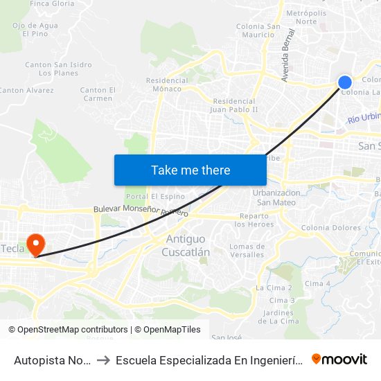 Autopista Norte, 3b to Escuela Especializada En Ingeniería Itca-Fepade map