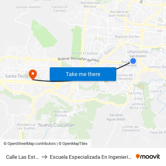 Calle Las Estadi 13 to Escuela Especializada En Ingeniería Itca-Fepade map