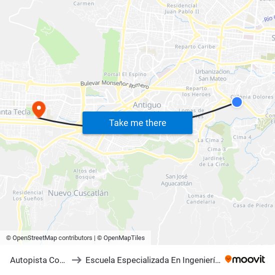 Autopista Comalapa to Escuela Especializada En Ingeniería Itca-Fepade map