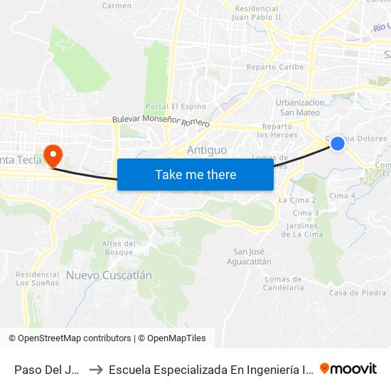 Paso Del Jaguar to Escuela Especializada En Ingeniería Itca-Fepade map