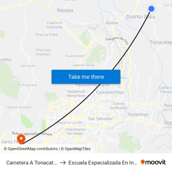 Carretera A Tonacatepeque, Mango to Escuela Especializada En Ingeniería Itca-Fepade map