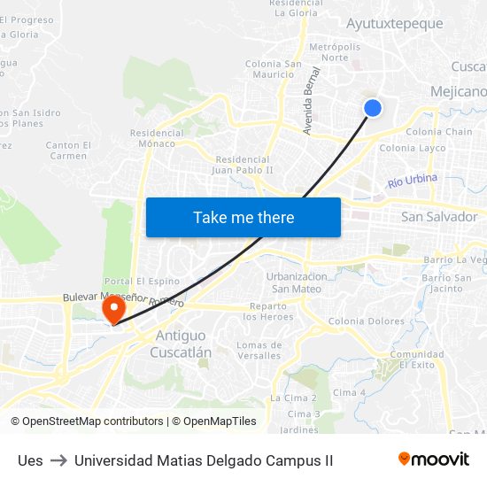 Ues to Universidad Matias Delgado Campus II map