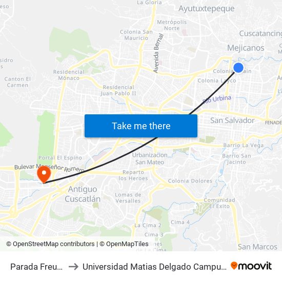 Parada Freund to Universidad Matias Delgado Campus II map