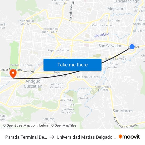 Parada Terminal De Oriente to Universidad Matias Delgado Campus II map