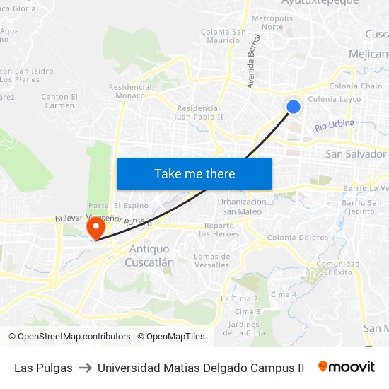 Las Pulgas to Universidad Matias Delgado Campus II map