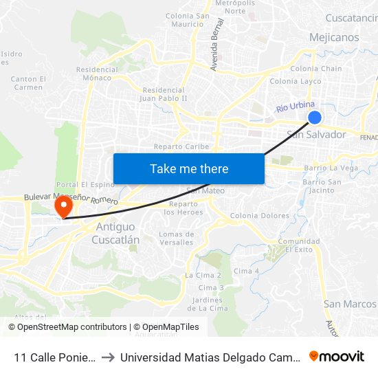 11 Calle Poniente to Universidad Matias Delgado Campus II map
