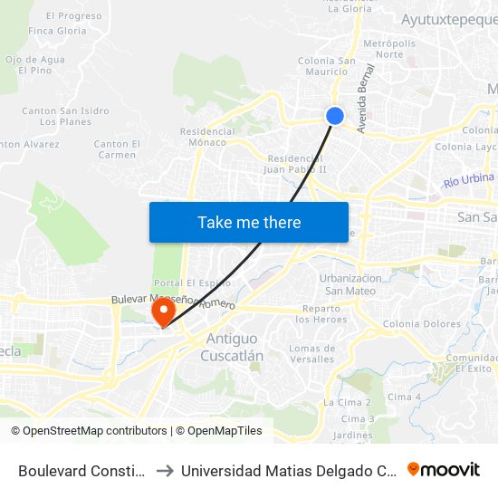 Boulevard Constitución to Universidad Matias Delgado Campus II map