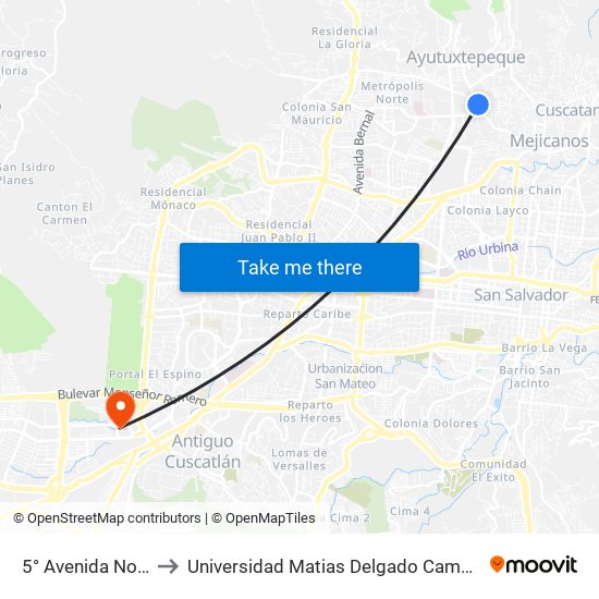 5° Avenida Norte to Universidad Matias Delgado Campus II map