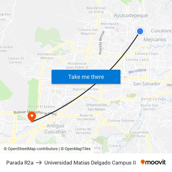 Parada R2a to Universidad Matias Delgado Campus II map