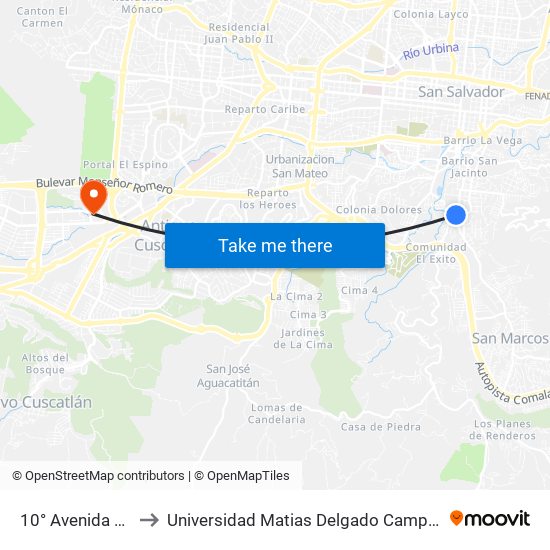 10° Avenida Sur to Universidad Matias Delgado Campus II map